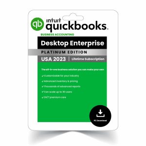 QuickBooks Desktop Enterprise 2023 Lifetime Subscription interface showing financial dashboard, inventory management, and reporting features for small businesses