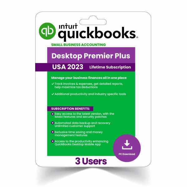 QuickBooks Desktop Premier Plus 2023 software box, 3-user license, offering lifetime activation and multi-user financial management tools