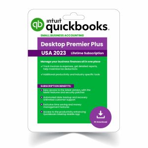 QuickBooks Desktop Premier Plus 2023 software box, offering lifetime activation and advanced financial management tools for various industries