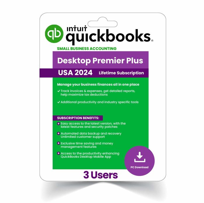 QuickBooks Desktop Premier Plus 2024 software box with lifetime subscription for 3 users, featuring industry-specific tools and advanced accounting capabilities