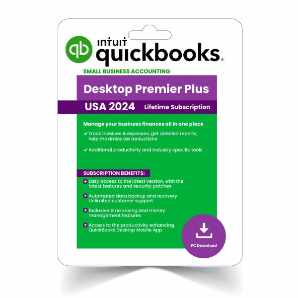 QuickBooks Desktop Premier Plus 2024 software box showcasing lifetime subscription for advanced financial management with industry-specific tools