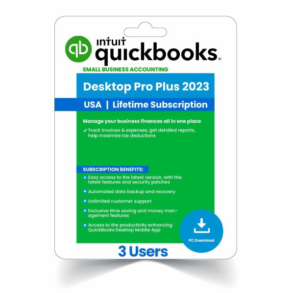 QuickBooks Desktop Pro Plus 2023 3-User software box, featuring lifetime activation for seamless multi-user financial management