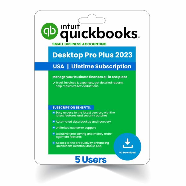 QuickBooks Desktop Pro Plus 2023 5-User edition, featuring lifetime activation for collaborative financial management