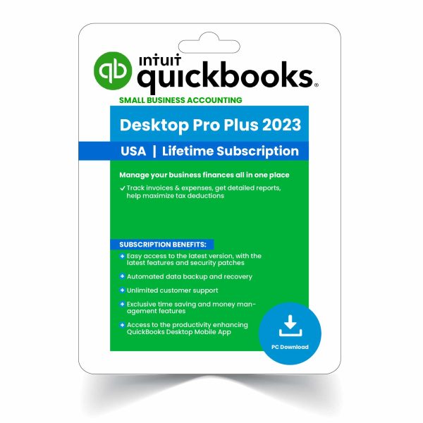 QuickBooks Desktop Pro Plus 2023 software box, featuring lifetime activation and advanced accounting tools for businesses