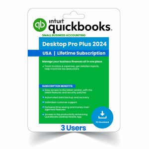 QuickBooks Desktop Pro Plus 2024 3-User edition, providing lifetime activation for efficient multi-user accounting management