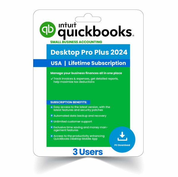 QuickBooks Desktop Pro Plus 2024 3-User edition, providing lifetime activation for efficient multi-user accounting management