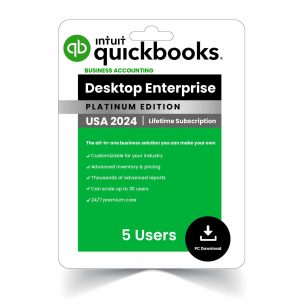 QuickBooks Desktop Enterprise 2024 Lifetime Activation – 5 Users. Financial management software with lifetime access, 5-user license, and advanced features for US businesses